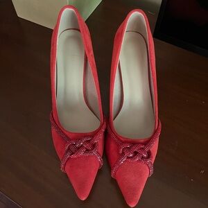 Red Kitten Heel with Beaded Embellishment: Never Worn